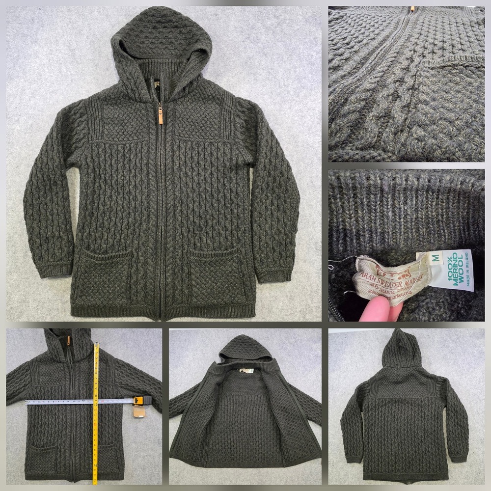 Aran Sweater Market Sweater Womens Medium Gray Merino Wool Hooded Full Zip Knit
